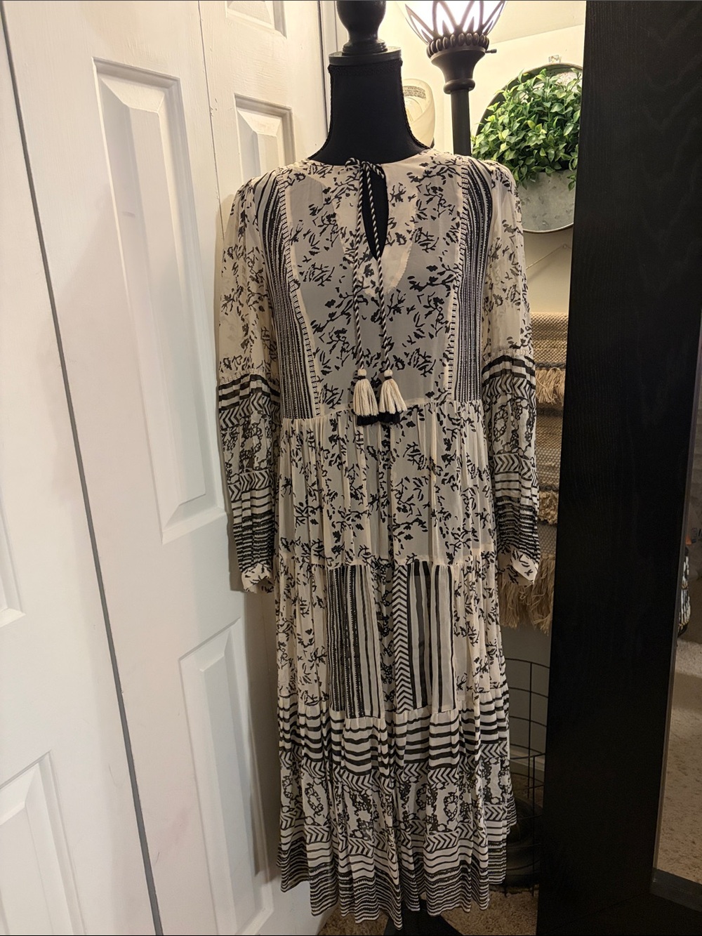 Anthropologie Bohemian Cream & Black Floral Tiered Midi Dress